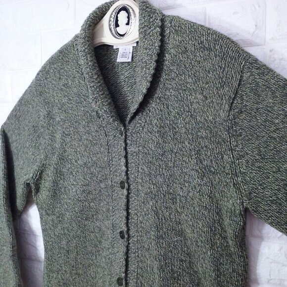 Vintage 80s Talbots Cardigan Sweater Lady-L Wool Scallop Shawl-Collar Olive - Picture 4 of 9